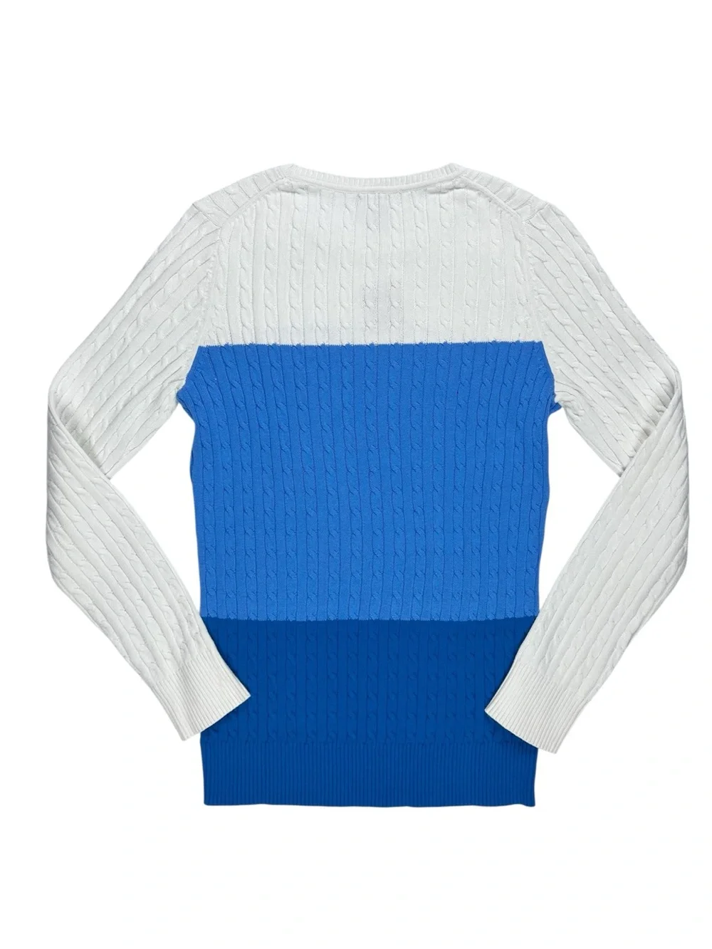 IZOD Women's Cable Knit Color Block Blue Cream Long Sleeve Sweater Size Medium